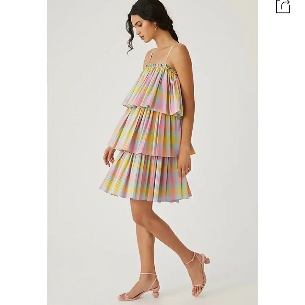 NWT Beatrice B Rainbow Fusion Pleated Square Neck Tiered Dress XS